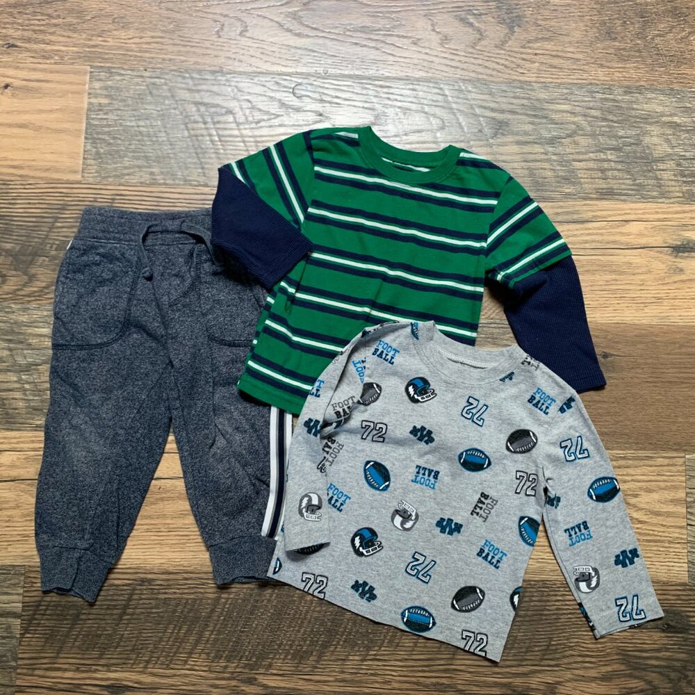 Set of 3 Boys size 2T Outfits Two Shirts & Pants (Garanimals & Free Planet)